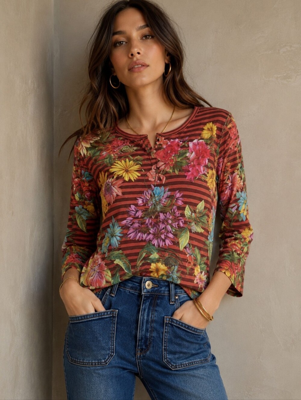 JOHNNY WAS Mix Floral Stripes Bamboo Blend Henley Top Shirt Small